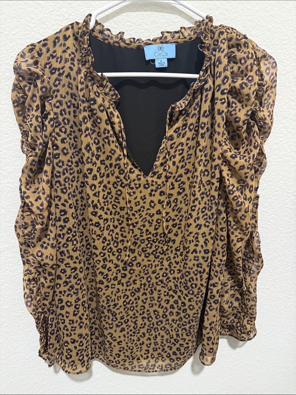CeCe Leopard Ruffle Sleeve Blouse - Tan and Black